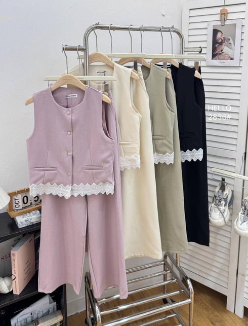 Women Classy Sleeves Lace Border Vest With Trouser Sets